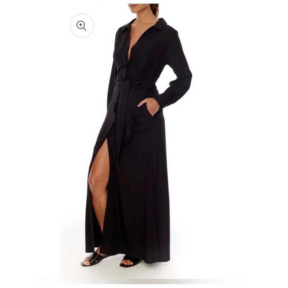 LBLC The Label Black Maxi Shirt Dress Long Sleeve Tie Waist DI4674 Womens Medium